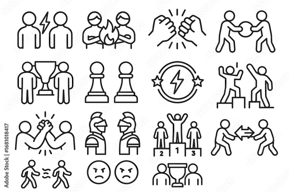 Naklejka premium Line art icon set: competitions, teamwork, and awards concepts