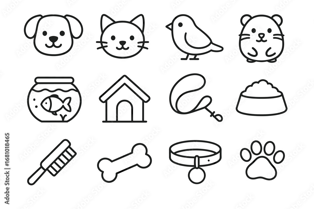 Fototapeta premium Simple line drawings of pet animals and supplies including dog, cat, bird, and fish
