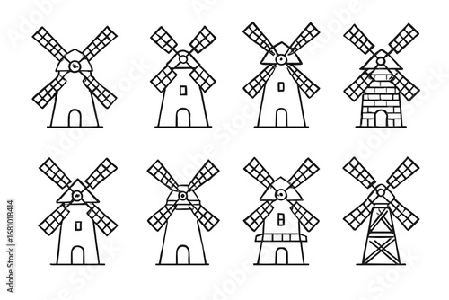 Set of eight unique windmill outlines in black and white
