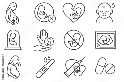 Pregnancy and miscarriage icons: maternity, fetus, ultrasound, emotions, medical