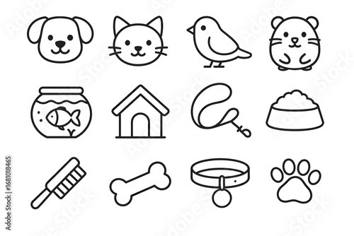 Simple line drawings of pet animals and supplies including dog, cat, bird, and fish