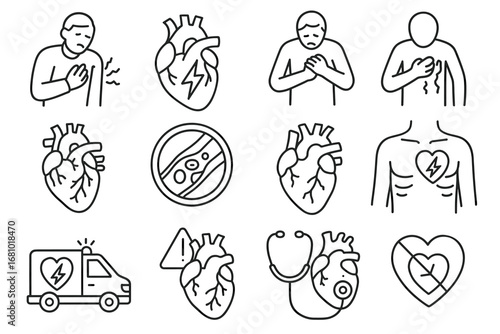 Heart disease icons: heart attack, chest pain, cardiovascular health issues