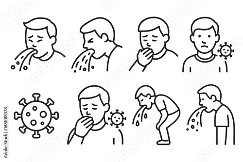 Illustration of male characters with virus symptoms and virus icon