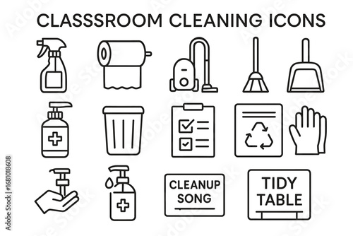 Classroom cleaning icons set with tools and signs
