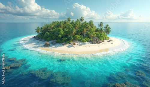 Aerial view of a tropical island with palm trees, white sand beach, and turquoise ocean water