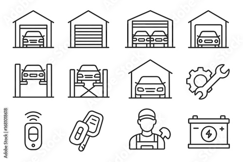 Car garage icons: vehicles, tools, mechanic, battery, remote, automotive symbols