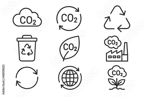 Sustainable recycling and emissions icons: co2, arrows, factory, leaf, earth