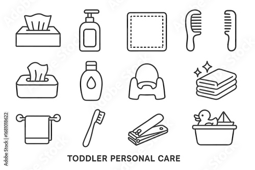 Essential toddler personal care items: wipes, soap, comb, lotion, potty, and more