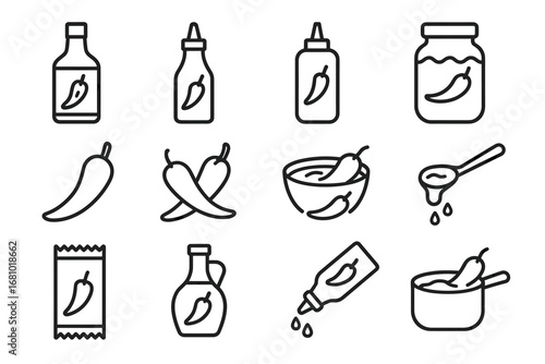 Chili sauce icon set: bottles, jars, packets, and bowls with peppers