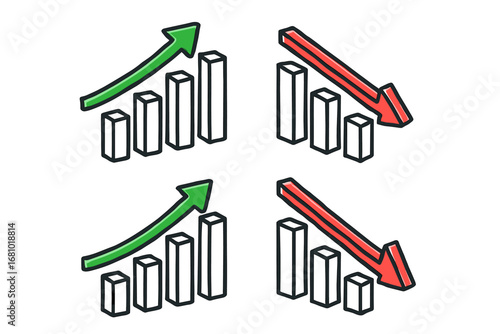 Four graph icons: upward and downward trends with red and green arrows