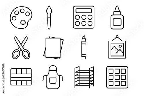 Art and craft tools icon set featuring paint palette, brush, calculator, glue, scissors, paper
