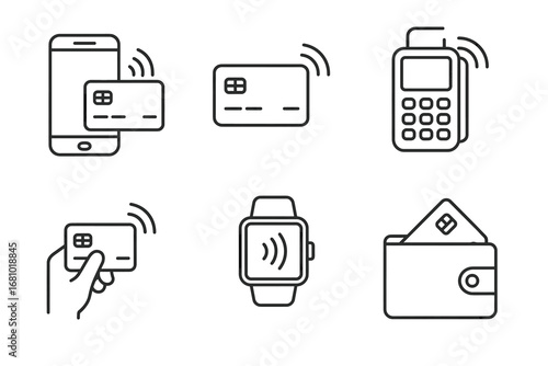 Contactless payment technology: cards, smartphone, smartwatch, and pos system icons