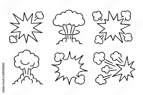 Collection of six explosive cartoon burst and cloud doodle icons