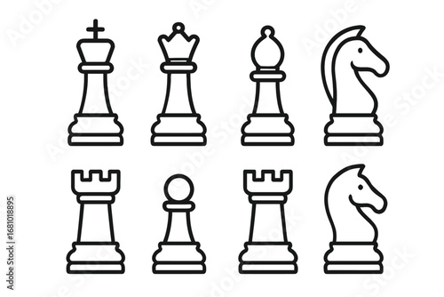 Outline chess piece set: king, queen, bishop, knight, rook, pawn icons