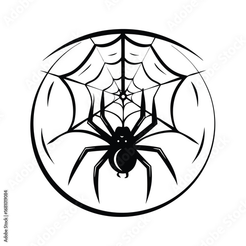 Spider on Web Graphic, Circle Shape, Black Silhouette, White Background Design
