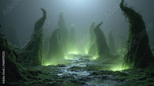Misty, alien landscape with luminous, moss-covered pillars