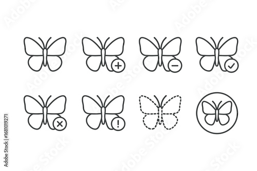 Outline icons of butterfly variants with symbols for user interfaces