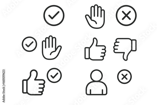 Minimalist icons: check marks, hands, thumbs up, thumbs down, person symbol