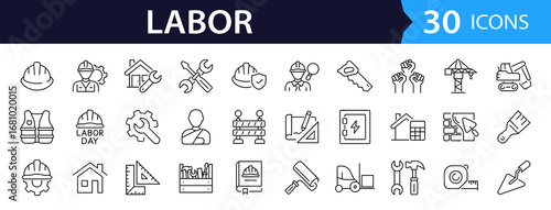 Labor Web Icon Set in Line Style. Collection of Construction Linear Icons, Including labour day, renovation, repair, work tools, materials, workers, building, business and more. Editable Stroke