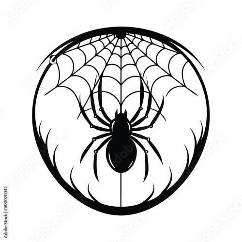 Spooky Spider Silhouette with Web Inside Circle on White Background