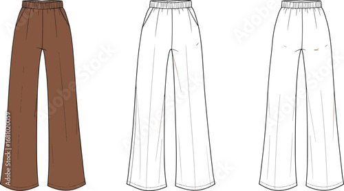 Fashion flat sketch of wide leg pants, technical drawing, front and back view, casual wear design, vector apparel template, clothing illustration for designers