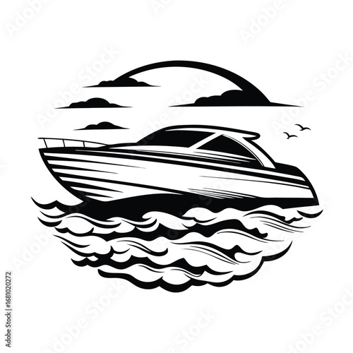 Elegant Motorboat on Water, Artistic Waves, Sky, and Birds on White Background