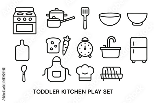 Simple icon set of toddler kitchen play set with various kitchen tools and appliances