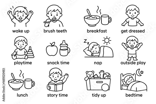 Daily routine for children: wake up, breakfast, playtime, and bedtime activities