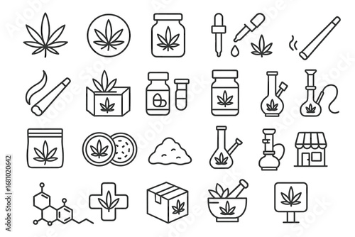 Cannabis icons set: edibles, oil, bong, and medical symbols