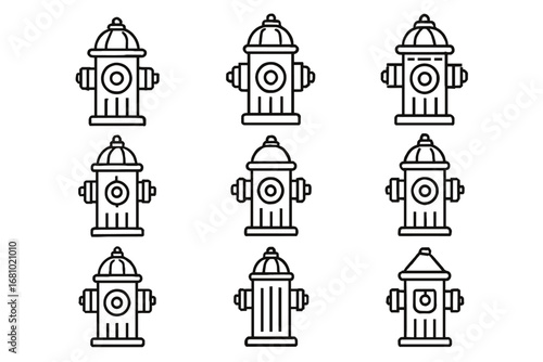 Set of nine outline fire hydrant icons in grid pattern