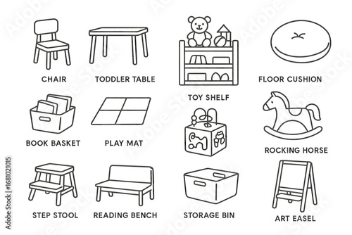 Children's furniture and toys: toddler table, toy shelf, rocking horse, art easel
