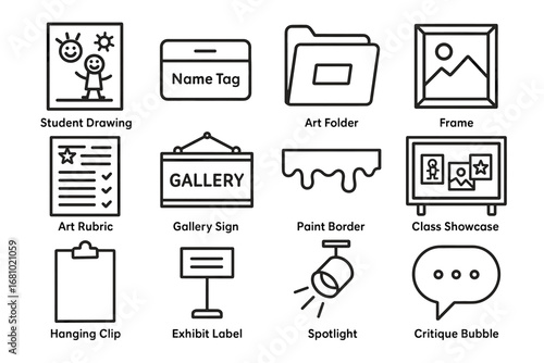 Icon set featuring art supplies and classroom items for creative learning