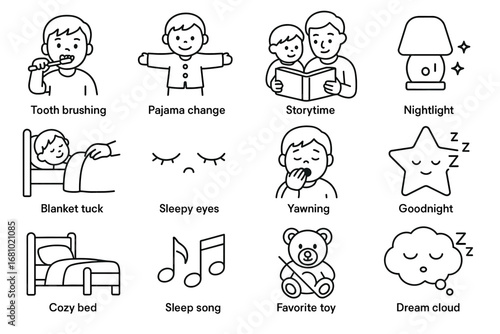 Children's bedtime routine with brushing, reading, and cozy sleep elements