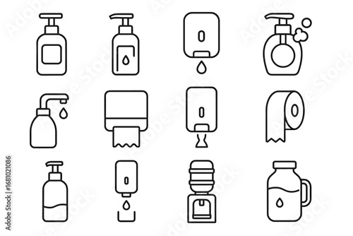 Hand sanitizer and dispenser icons set in outline style