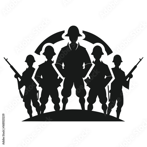 Group of Soldiers Silhouette with Rifles on White Background