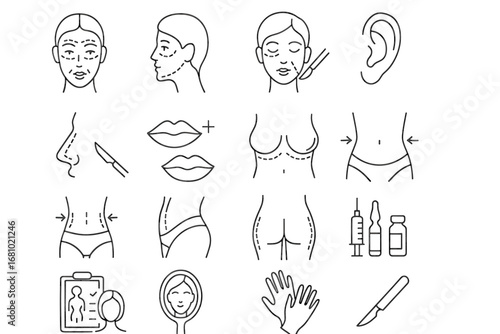 Cosmetic surgery icons: facial procedures, body contouring, injections, medical tools illustrations