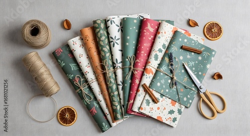 Collection of festive wrapping paper rolls and crafting supplies