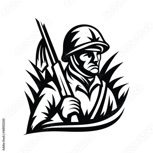 Soldier Silhouette Wearing Helmet, Holding Rifle, in Bushes, White Background