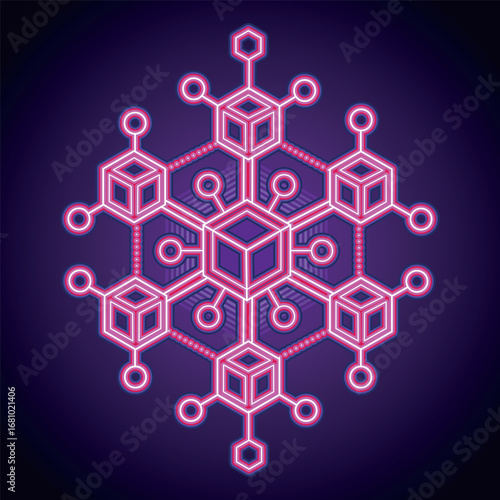 Neon Pink Blockchain Structure. Digital Cryptocurrency Network with Futuristic Design