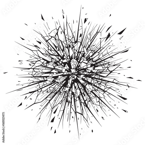 Dynamic explosion of shattered particles and sharp debris flying outward from a central point for an action effect vector illustration