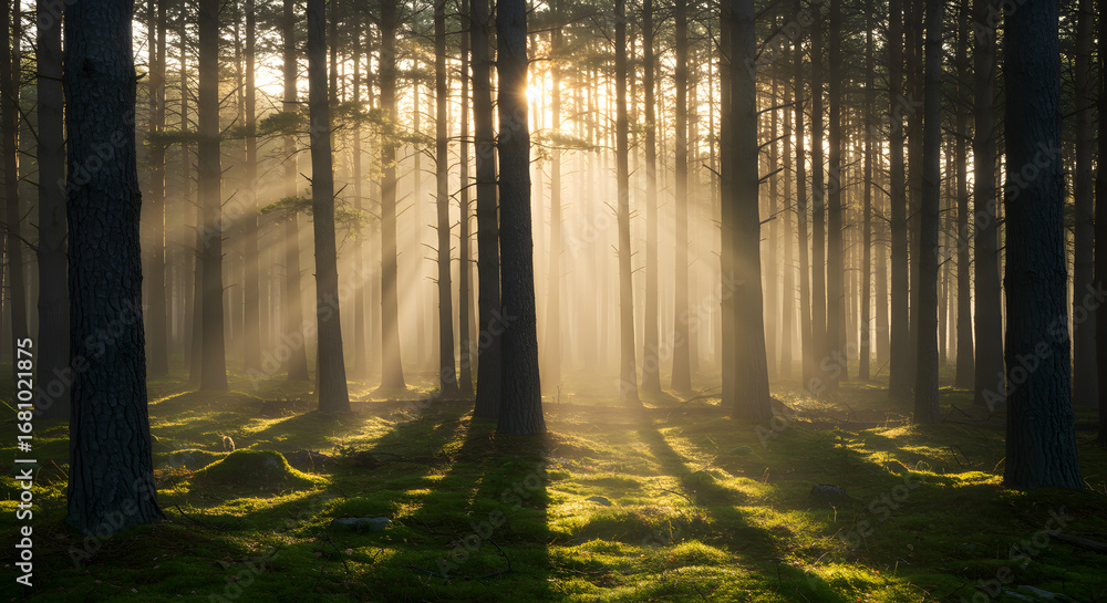 Obraz premium Sunbeams pierce misty forest canopy, illuminating mossy ground with golden light, creating magical atmosphere