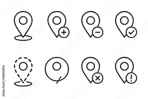 Set of location pin icons with various symbols and designs
