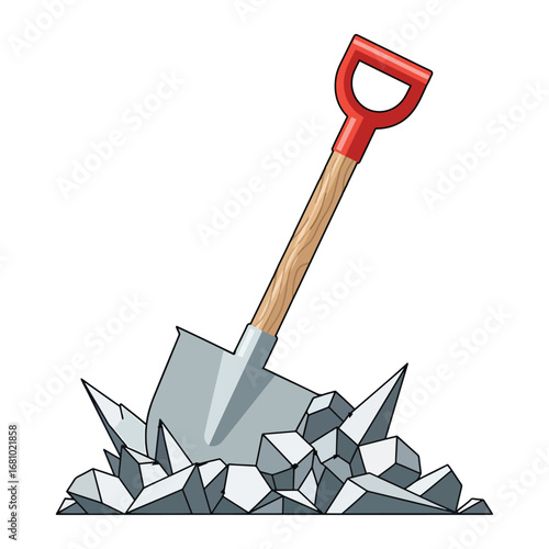 Simple cartoon shovel with a red handle stuck in a pile of sharp, broken rocks or rubble, isolated on white vector illustration