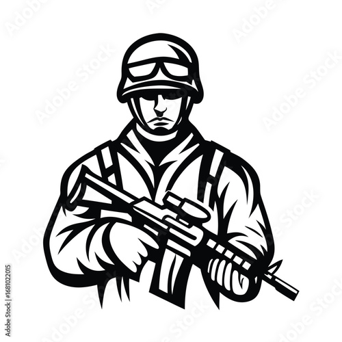 Soldier in Helmet Holding Gun on White Background