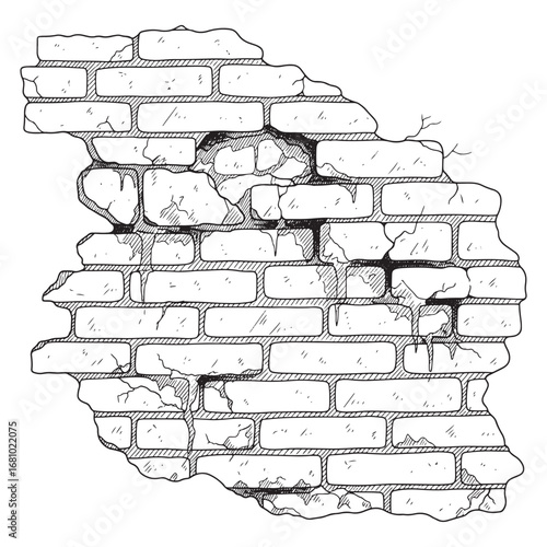 Hand-drawn sketch of an old, crumbling brick wall with broken plaster showing decay and damage for backgrounds vector illustration