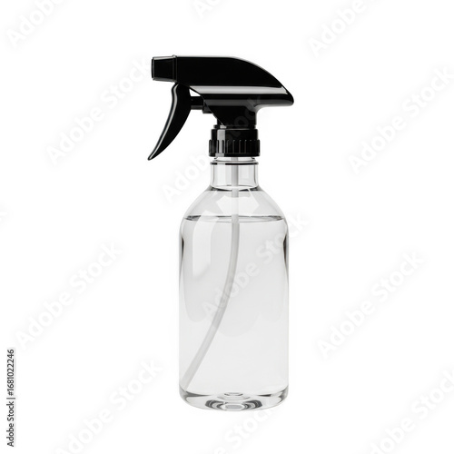 Clear spray bottle with black trigger sprayer filled with transparent liquid transparent background