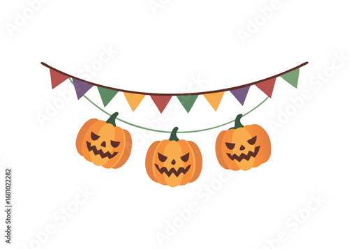 Happy Halloween carving pumpkins strung on a festive flag garland