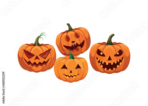 Four orange carved pumpkins with faces for Halloween