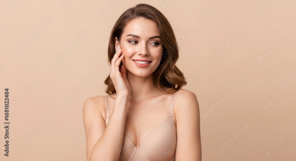 Obraz premium Beautiful young woman with glowing skin and a natural smile, wearing a nude bra, looking confidently to the side. Beauty and skincare concept.