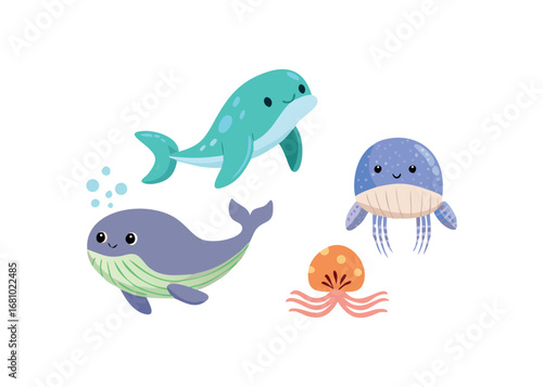 Cute cartoon dolphin whale and jellyfish on transparent background